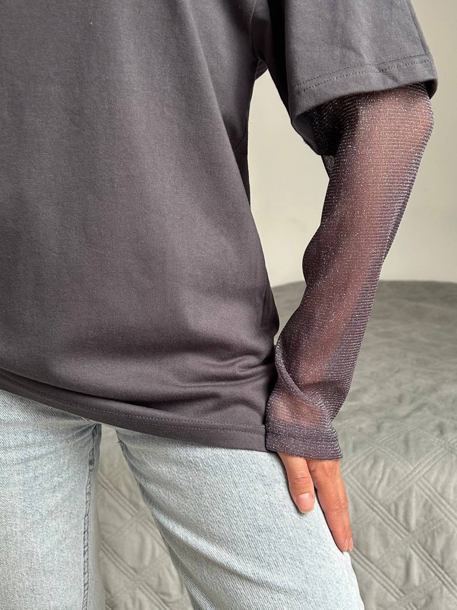 Dark gray oversized tee with sheer sparkly sleeves