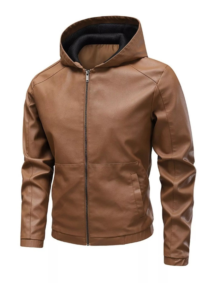 Men's light brown faux leather hooded moto jacket with zip front and pockets.