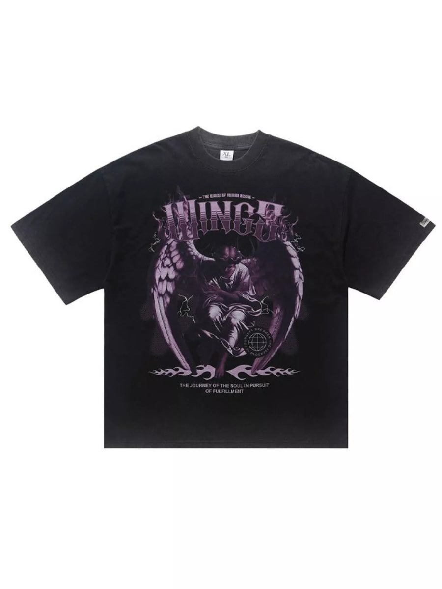 Oversized black graphic tee with angel and text print, cotton blend.