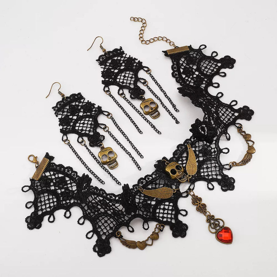necklace featuring skull motif in antique gold with Iron,Rhinestone,lace Care instructions: Avoid wearing during exercise