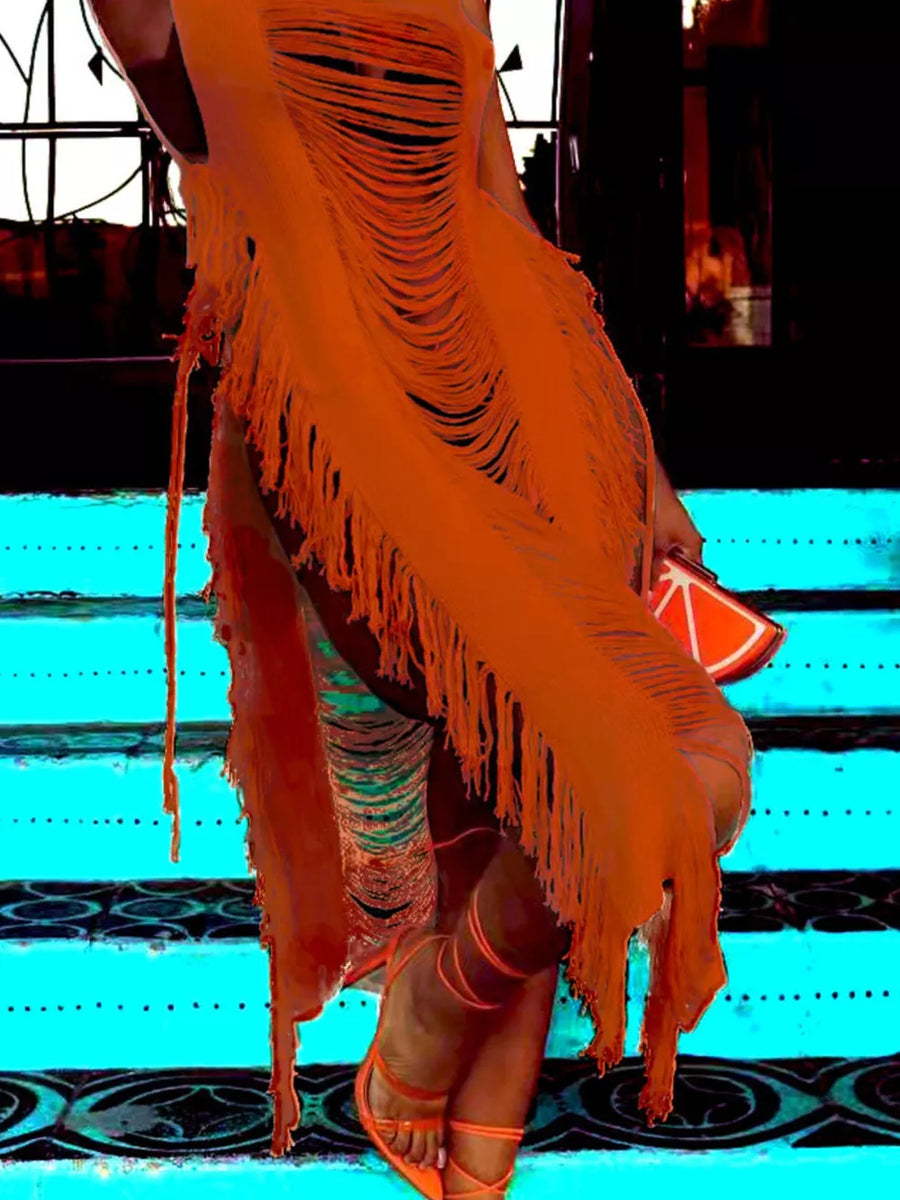 Orange distressed fringe midi dress with square neck and avant-garde cut.