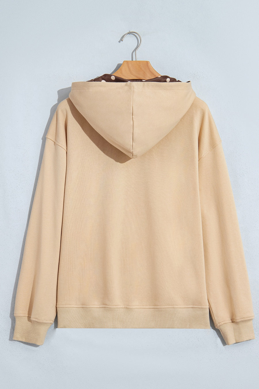 beige zip hoodie with hip-length and zip-front