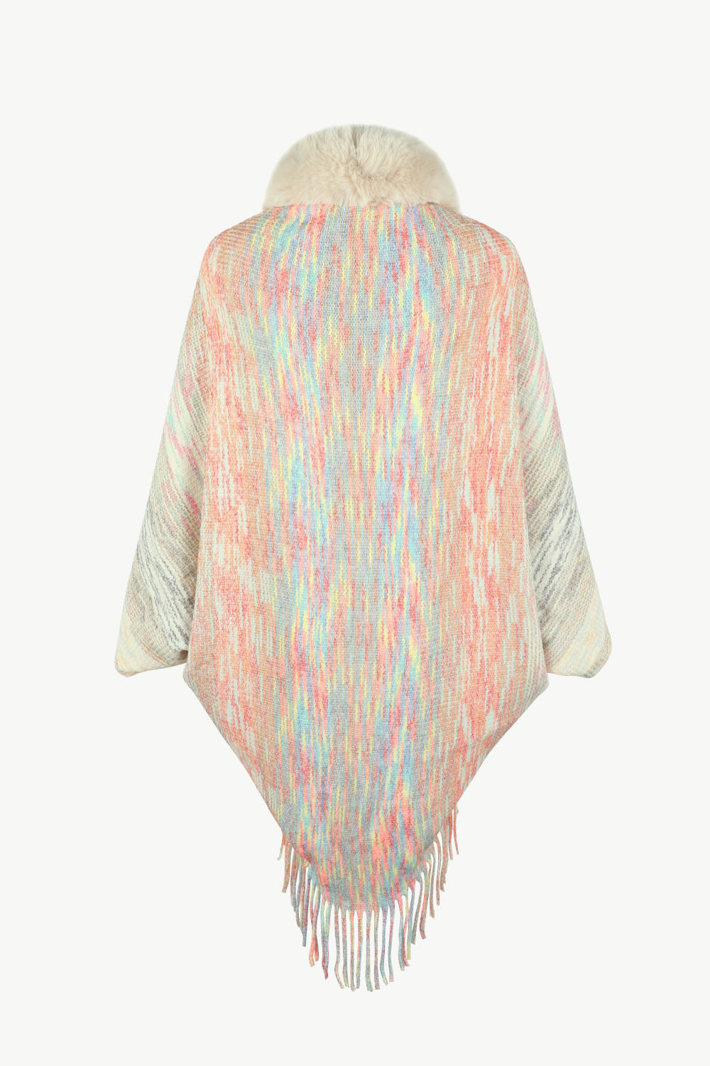 Textured knit cape with faux fur collar and fringe hem in pastel multicolor yarn.