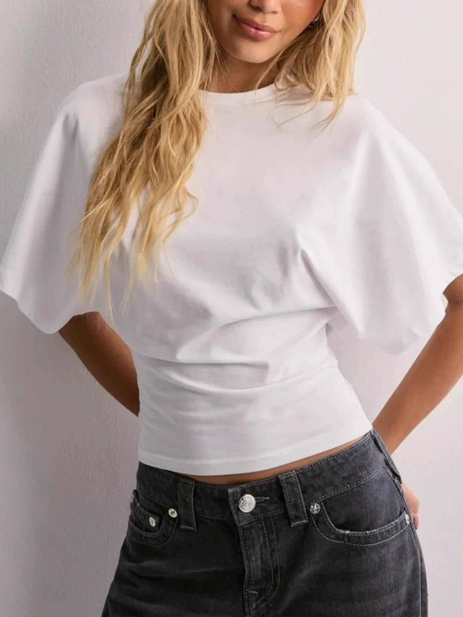 White batwing sleeve t-shirt with a fitted waist