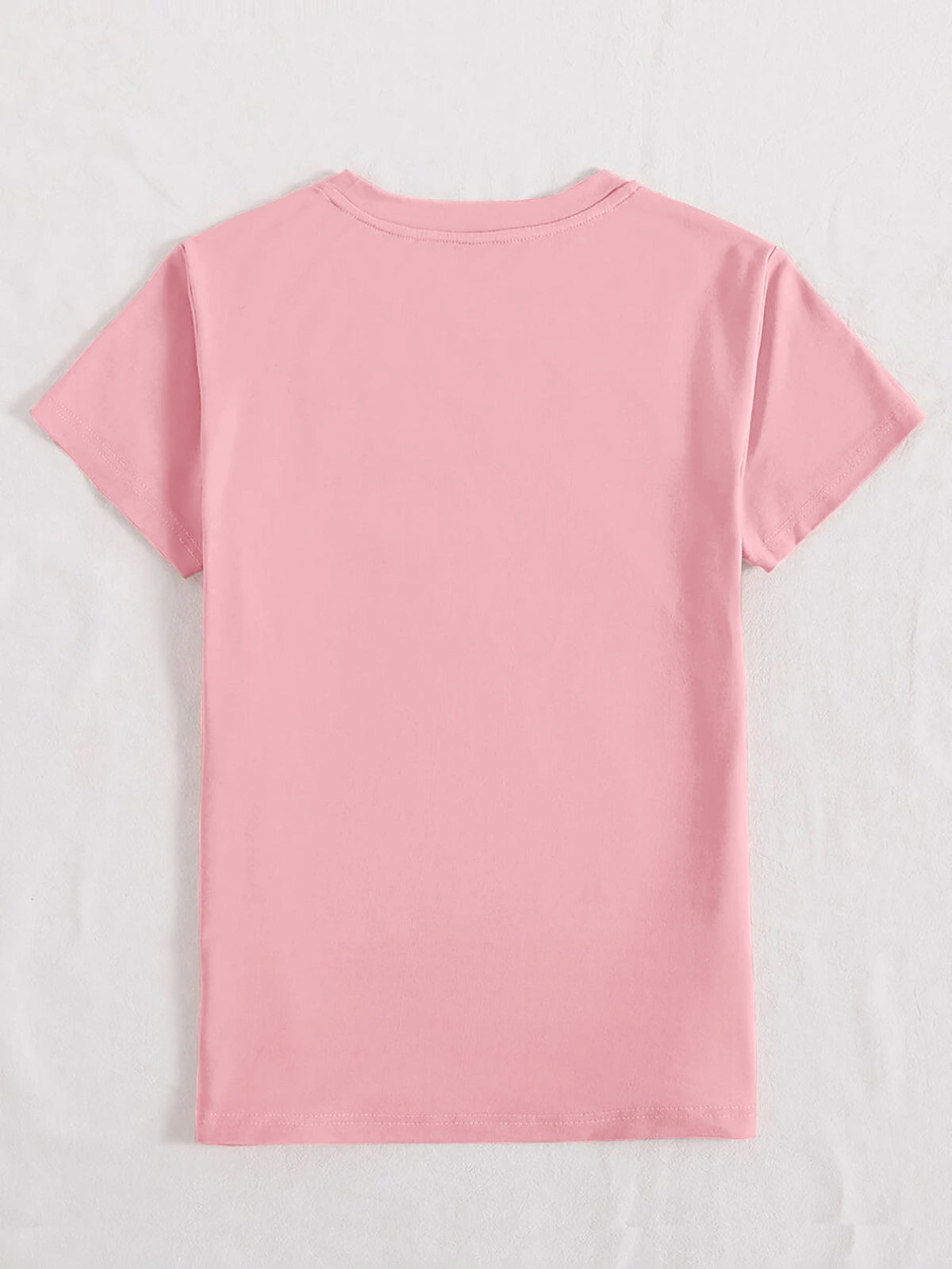 Blush pink t-shirt with crew neck and short sleeves.