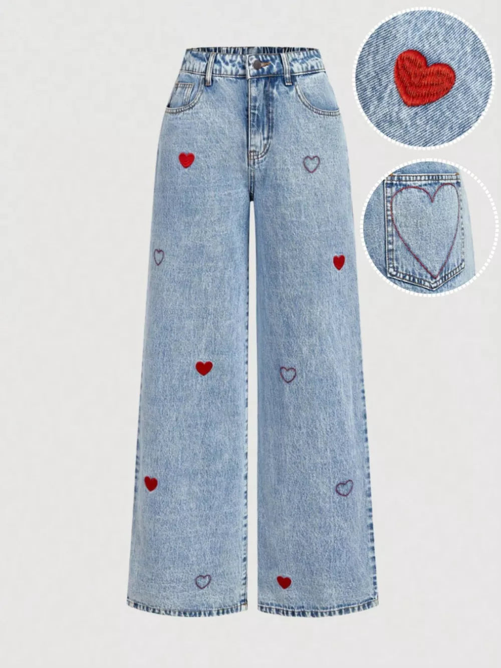 Button-down Embroidered Heart Wide-leg Jeans