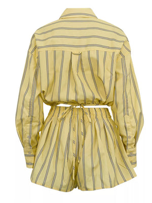 Yellow striped button-up shirt and shorts set with drawstring waist