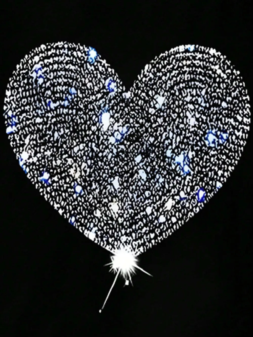 Black t-shirt with a large, sparkling heart graphic made of rhinestones and blue accents.