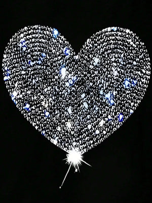 Black t-shirt with a large, sparkling heart graphic made of rhinestones and blue accents.