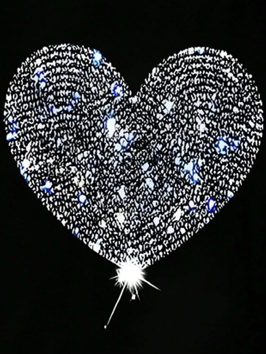 Black t-shirt with a large, sparkling heart graphic made of rhinestones and blue accents.