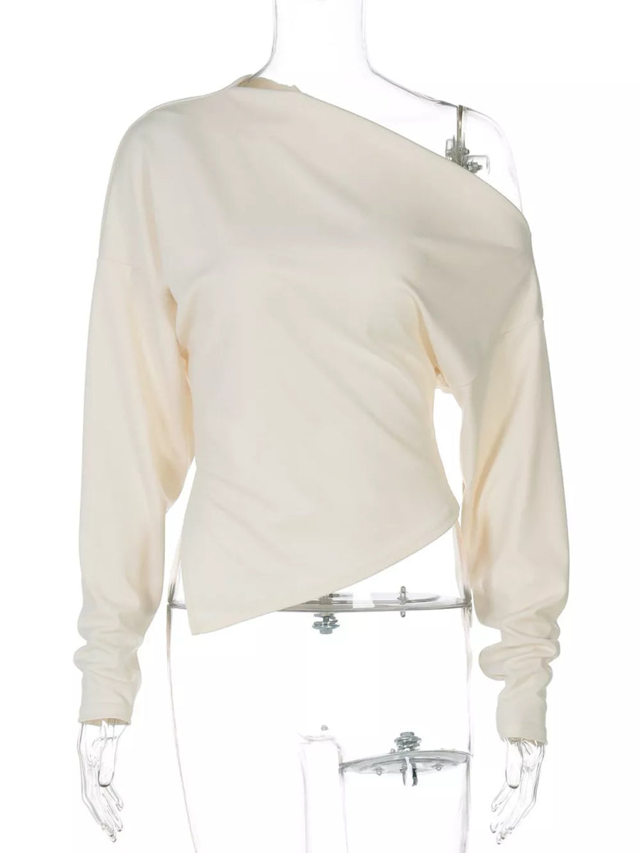 Apricot draped asymmetrical off-shoulder t-shirt with long sleeves and a casual cut.