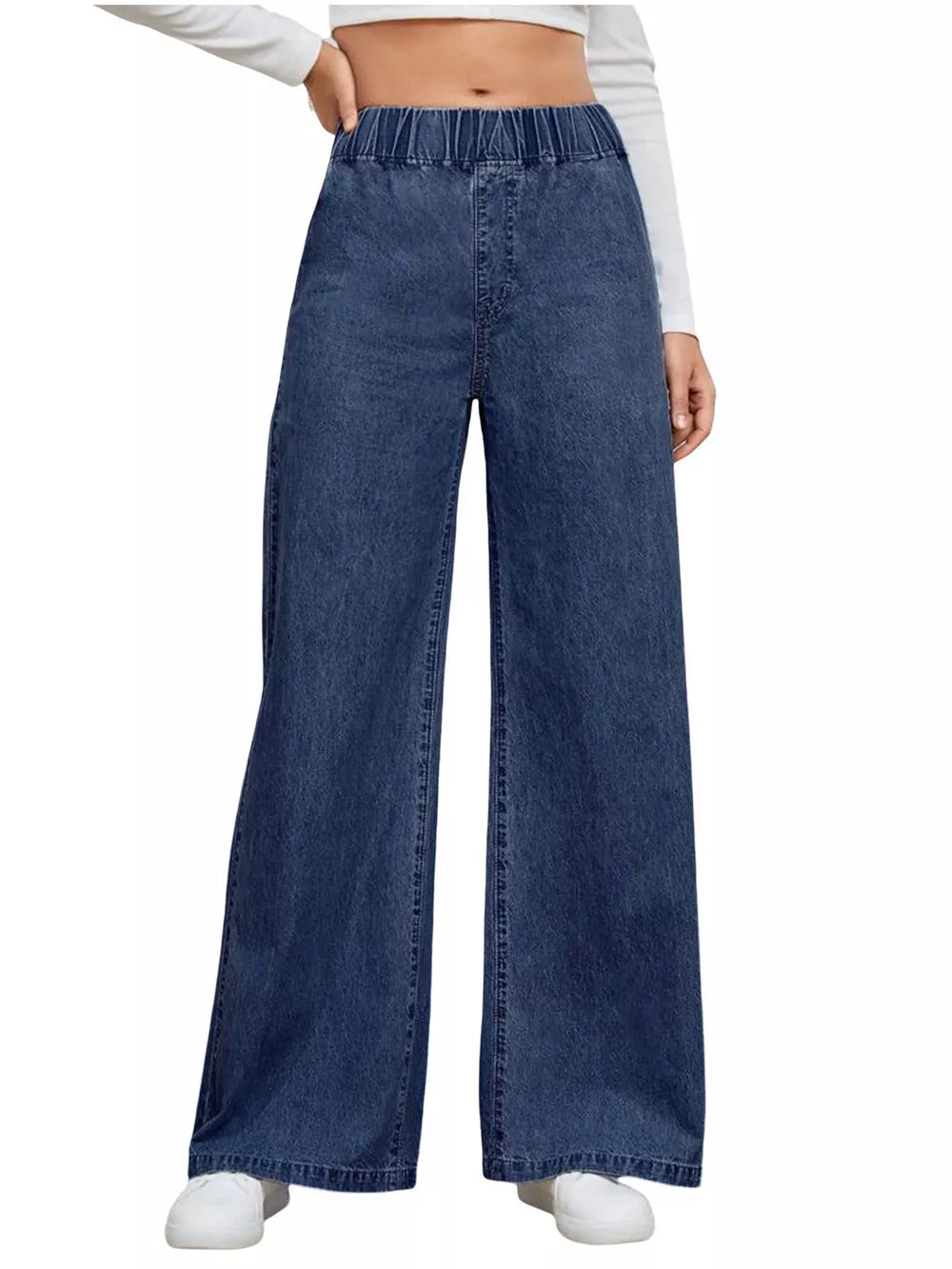 High-waisted wide leg jeans in dark blue denim with an elastic waistband.