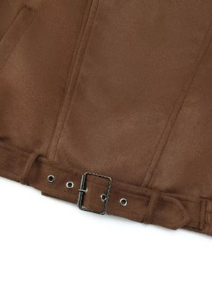 Brown with Asymmetrical Zipper Moto Jacket With Belt in Brown