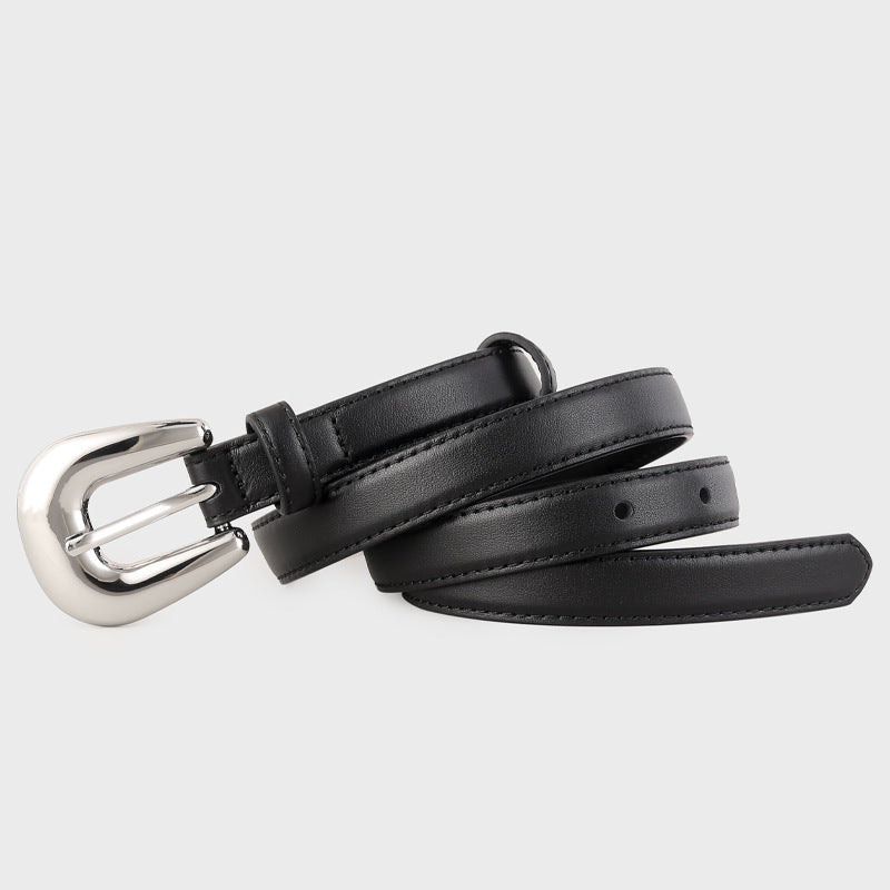 Men's black leather belt with a silver buckle