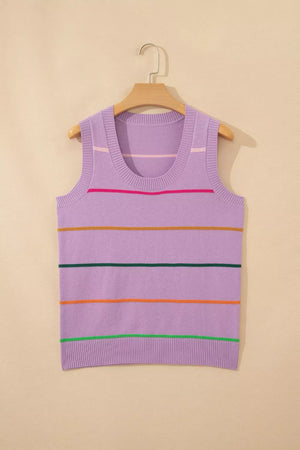 Lavender striped knit sweater vest with a scoop neck and ribbed hem.
