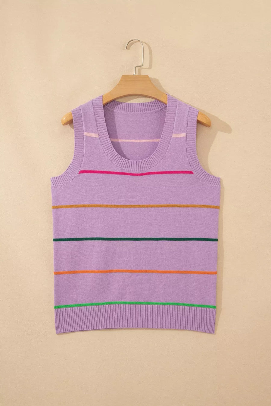 Lavender striped knit sweater vest with a scoop neck and ribbed hem.