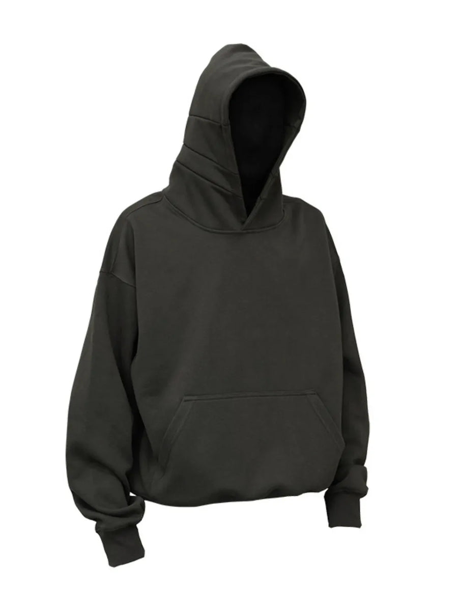 Black oversized slouch hoodie with kangaroo pocket and drawstring hood.