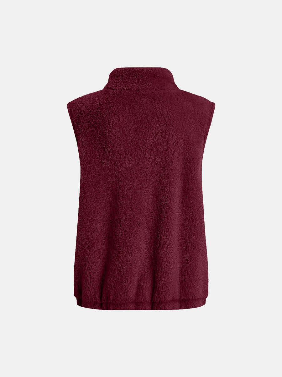 Burgundy teddy fleece stand-collar vest with elastic hem