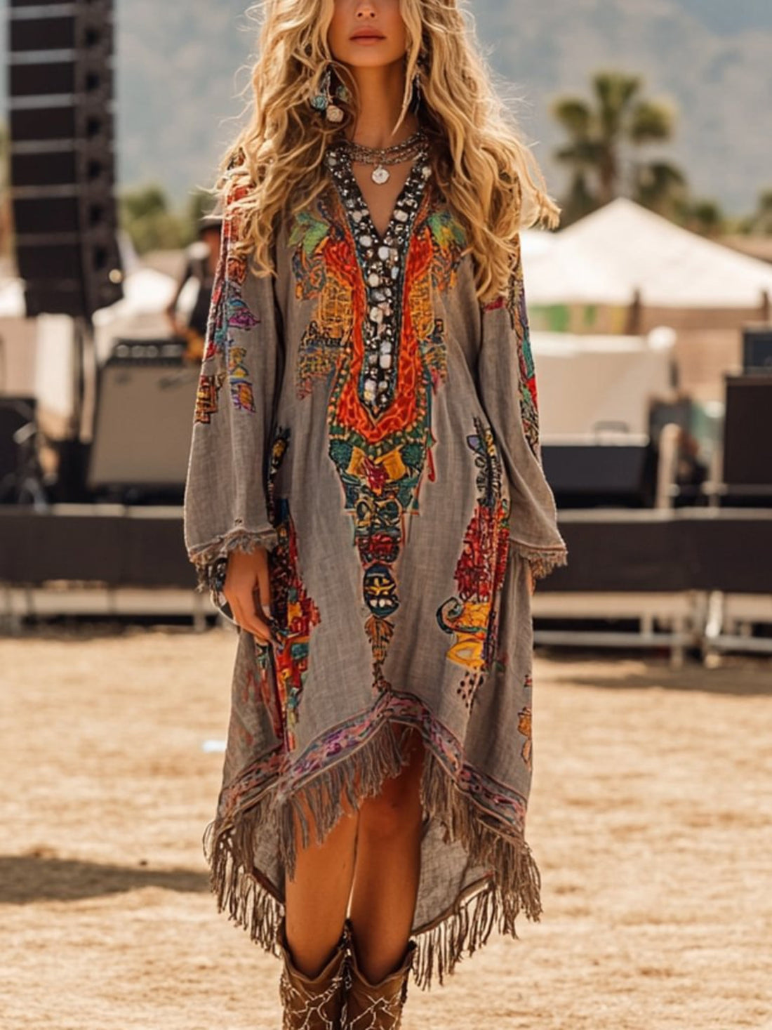 Bohemian gray long-sleeve dress with colorful print, beaded neckline, and fringe hem.