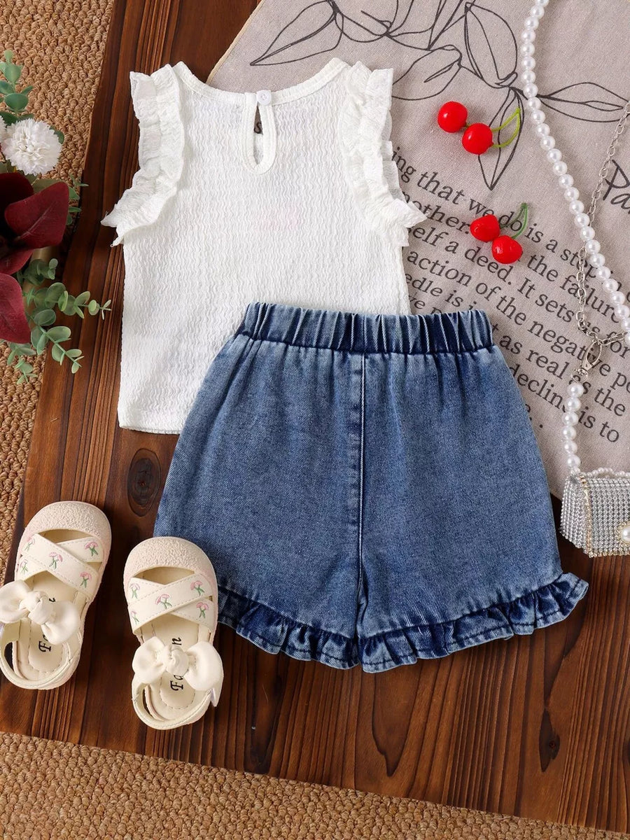 Children's Cherry Embroidered Top And Denim Shorts Set option 5