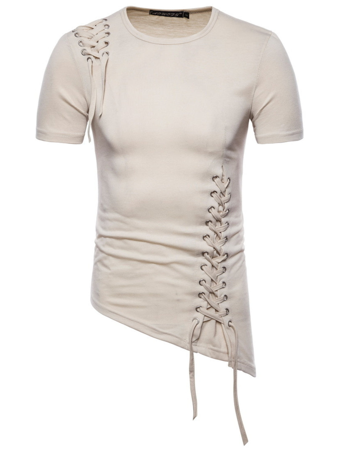 Light Khaki cotton t-shirt with asymmetric hem and lace-up detail on side and shoulder.