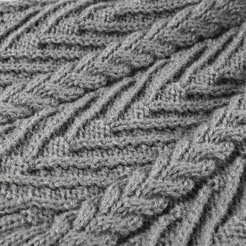 Gray chevron knit beanie with cable knit detail