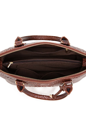 Brown crocodile embossed satchel bag interior with multiple compartments and zipper pocket.