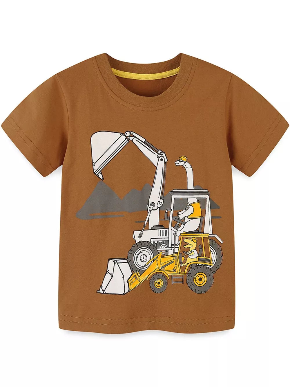 Brown cotton blend crew neck t-shirt with excavator and dinosaur graphic for toddlers