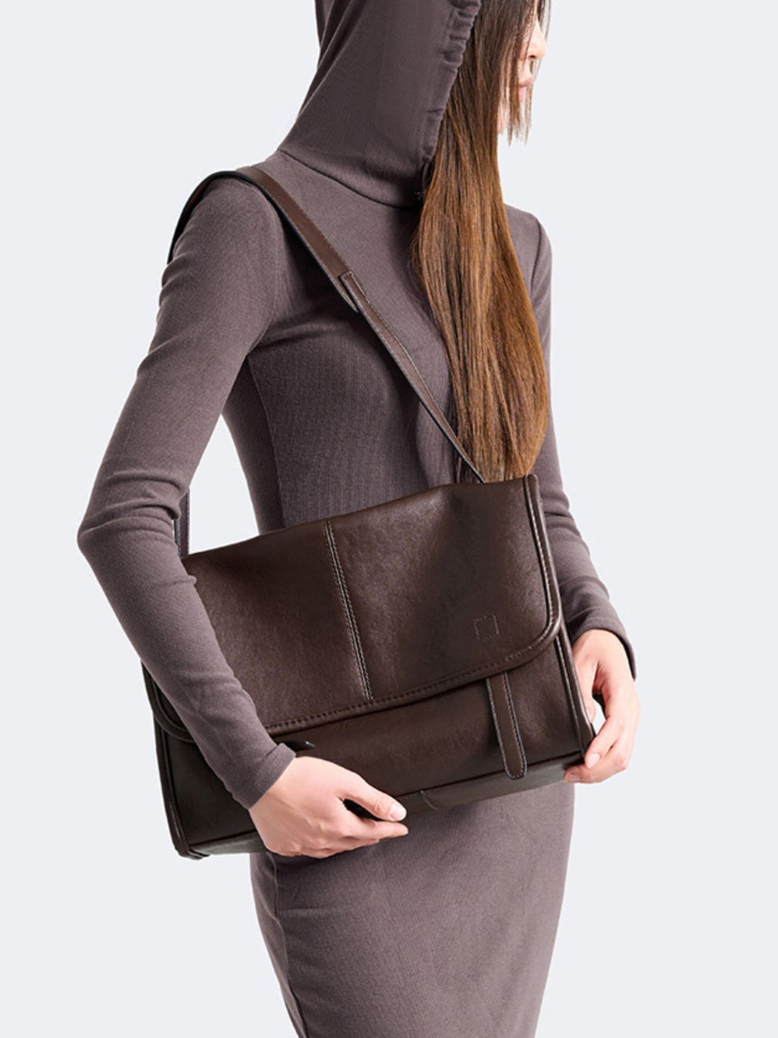 PU Leather Messenger Shoulder Bag in dark brown with adjustable strap