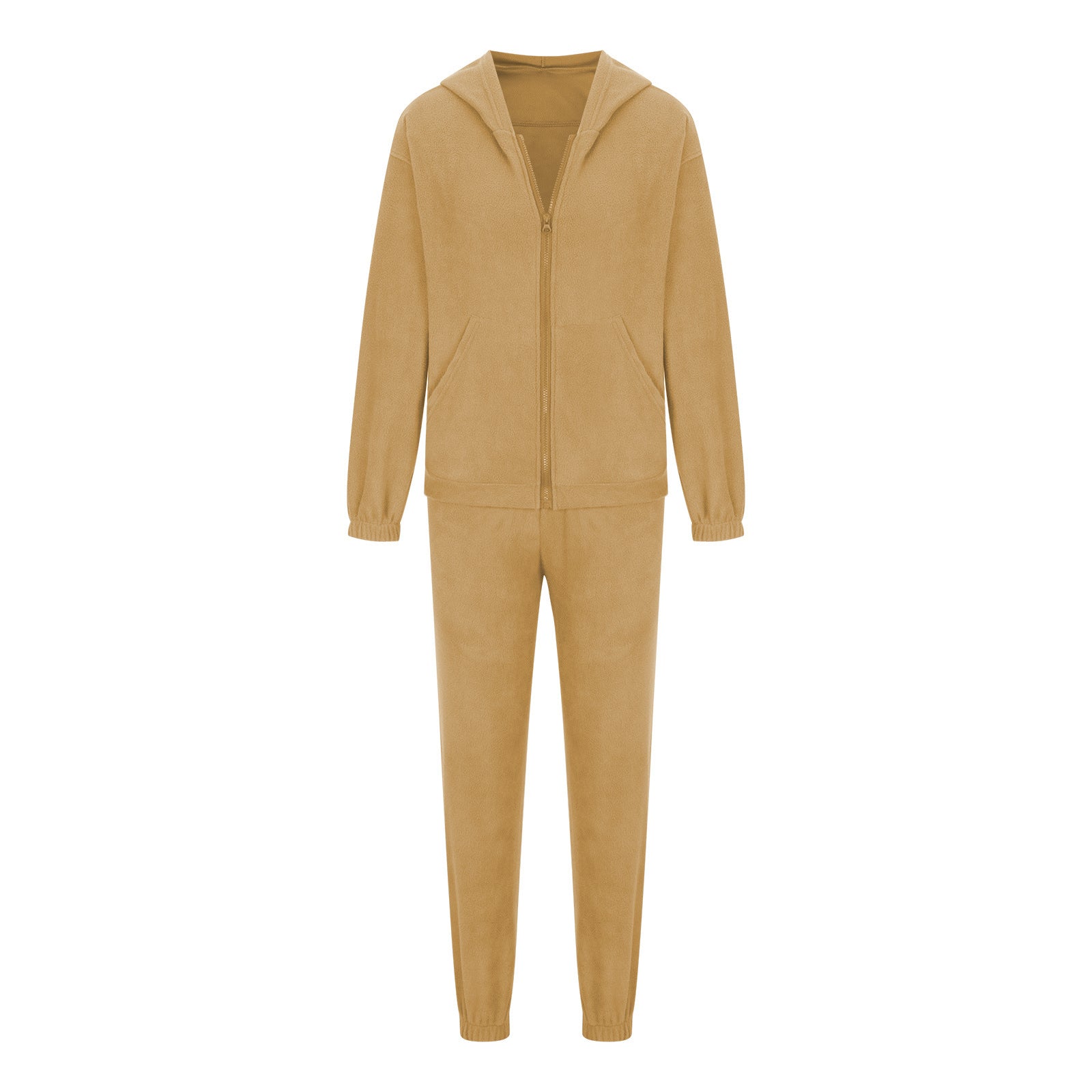 Tan fleece hoodie and jogger set with zip front and pockets