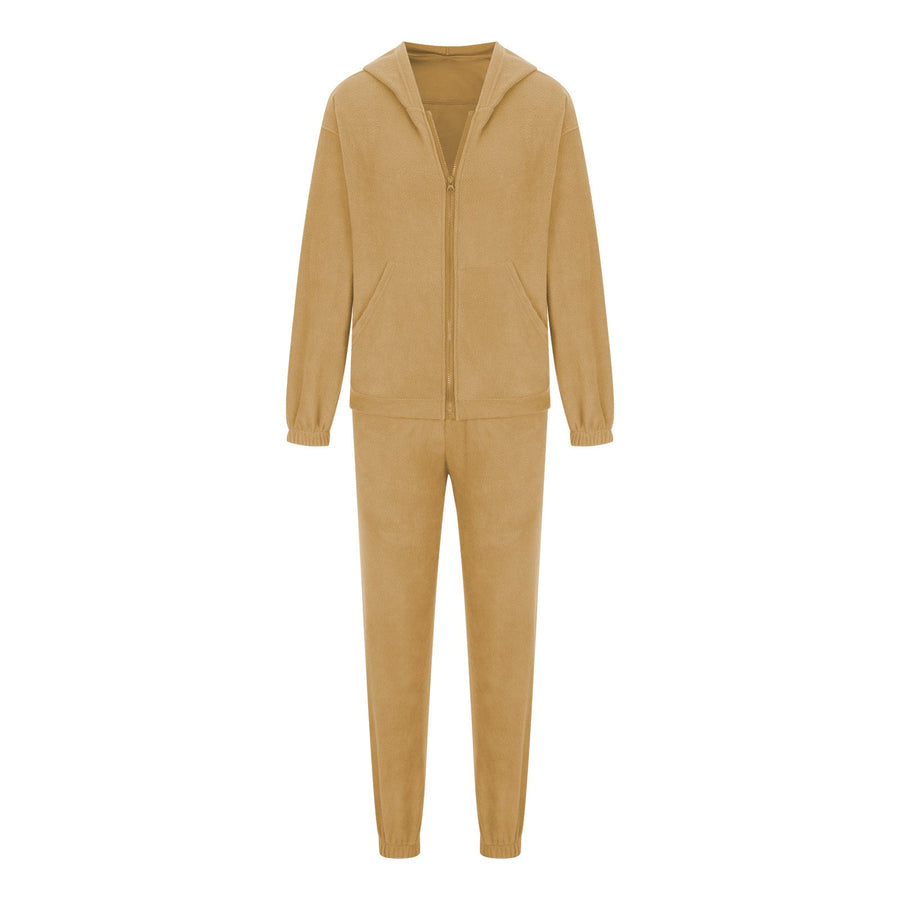Tan fleece hoodie and jogger set with zip front and pockets
