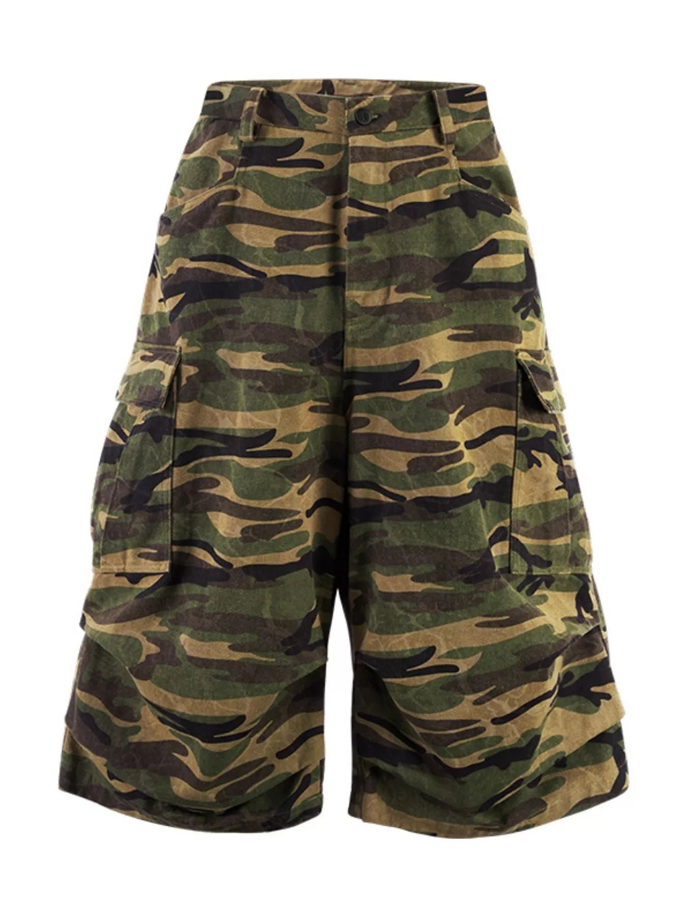 Oversized cotton camo cargo shorts in olive brown with multiple pockets.