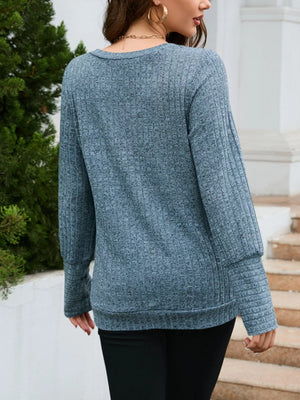 Blue textured V-neck knit long-sleeve sweater with ribbed cuffs and hem