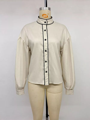Contrast Trim Long Sleeve Shirt in Beige, view 13