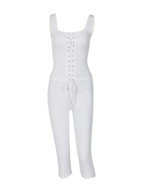White ribbed lace-up tank top and capri pants activewear set