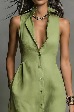 Sage green sleeveless maxi dress with button front and pockets