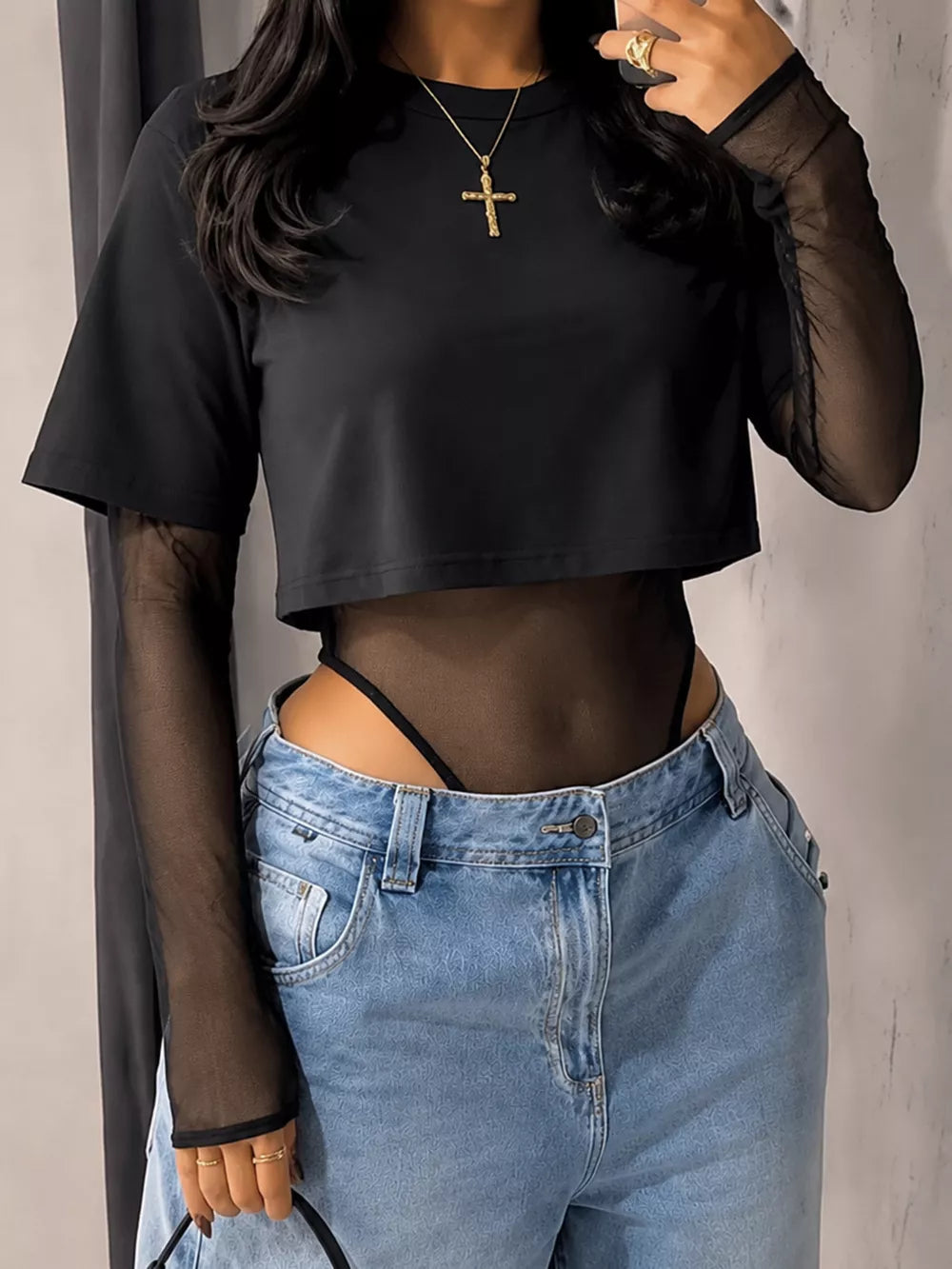 black bodysuit with full-length and pullover