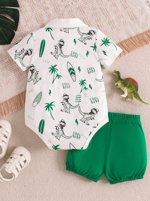 Baby polo and shorts set with dinosaur print, white short-sleeve polo bodysuit and green shorts.
