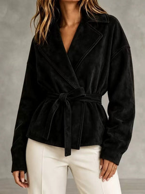 Green jacket with tie-waist and long sleeve