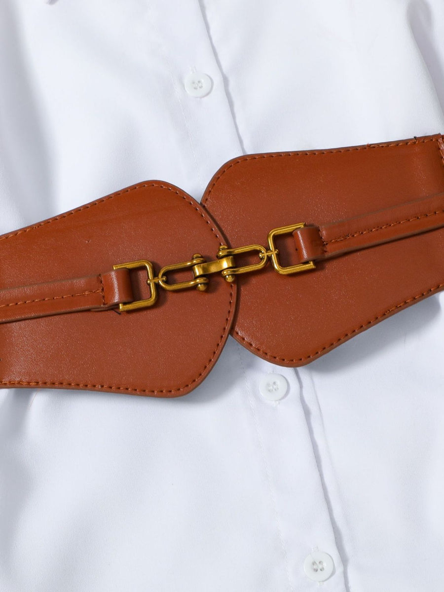 Toddler white button-down shirt dress with a brown faux leather belt with gold buckle detail