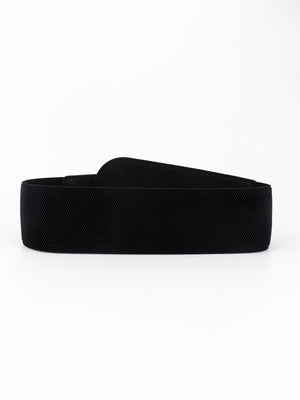 Black elastic waist belt with textured detail and sculpted shape.