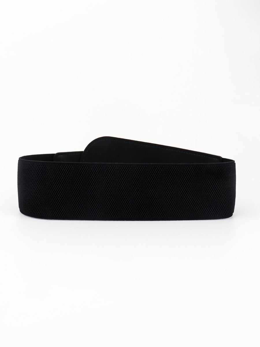Black elastic waist belt with textured detail and sculpted shape.