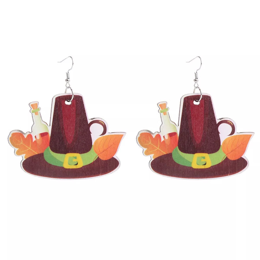 Dangle earrings with pilgrim hats, fall leaves, and bottles, made of alloy.