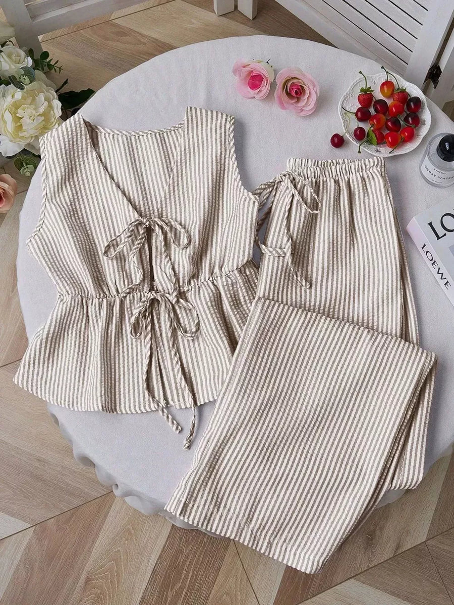 Lotus Color Striped Tie-front Sleeveless Top And Pants Set