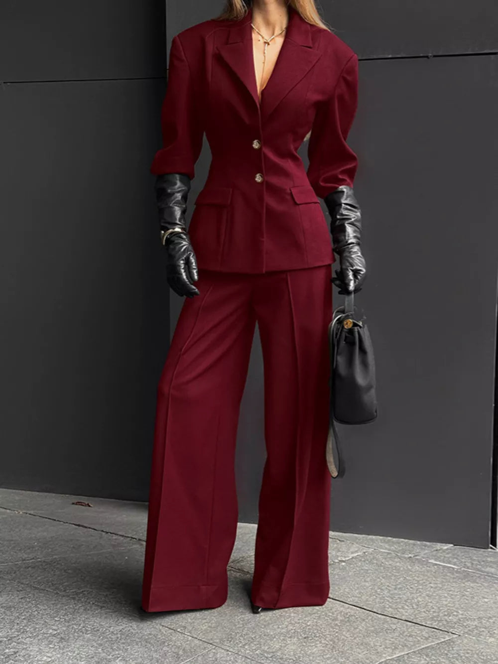 Black Single-breasted Blazer And Wide-leg Pants Set