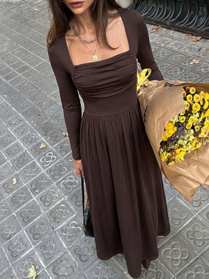 classic maxi dress in dark brown with square neck