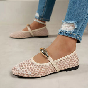 Square Toe Mesh Slip-on Flats in Beige
