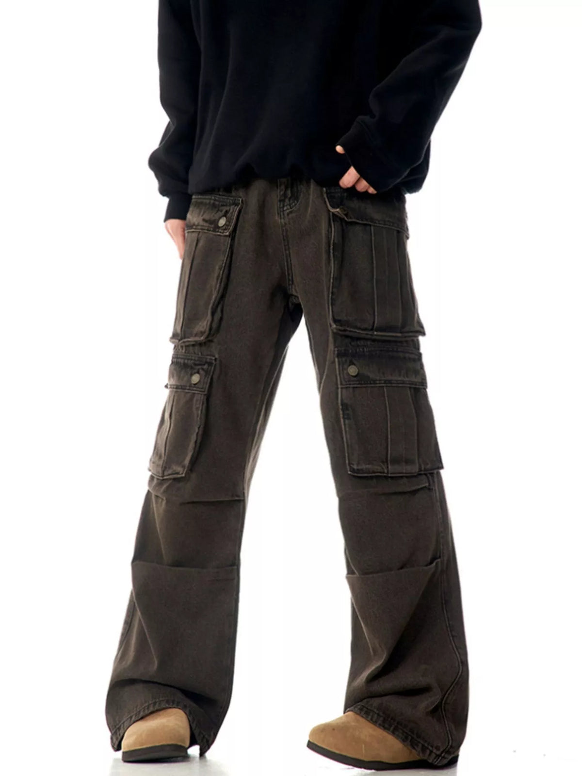 Men's relaxed fit cargo pants in washed brown with multiple flap pockets and a casual style.