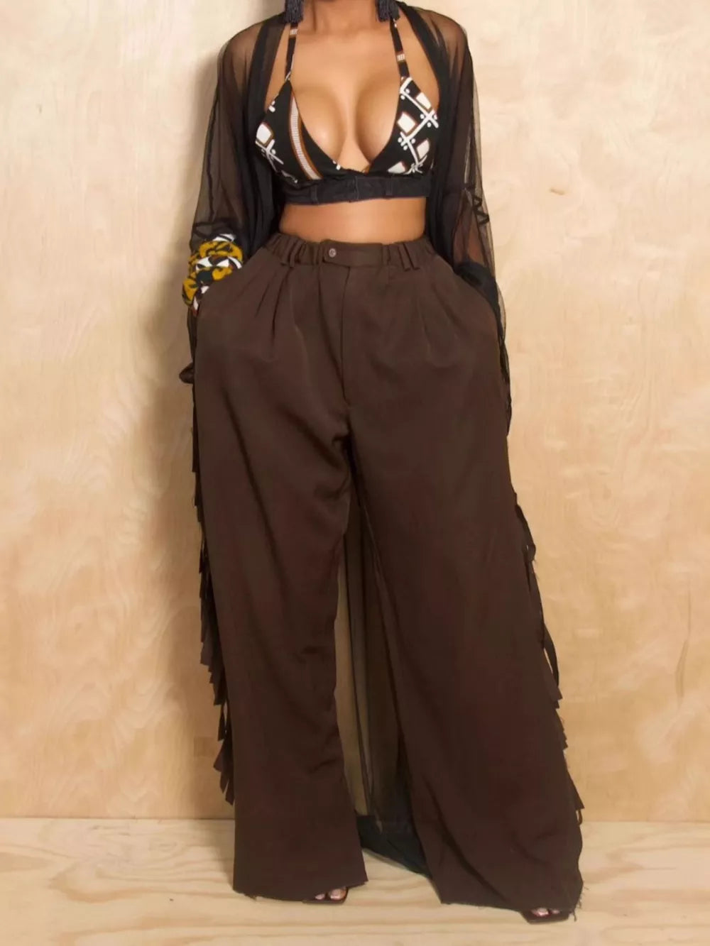 Brown Wide-leg Pants With Fringed Details