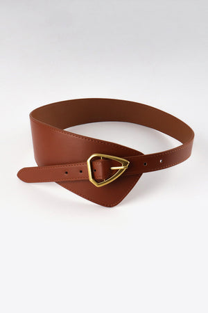 Brown leather waist belt with asymmetric sculpted design and gold buckle